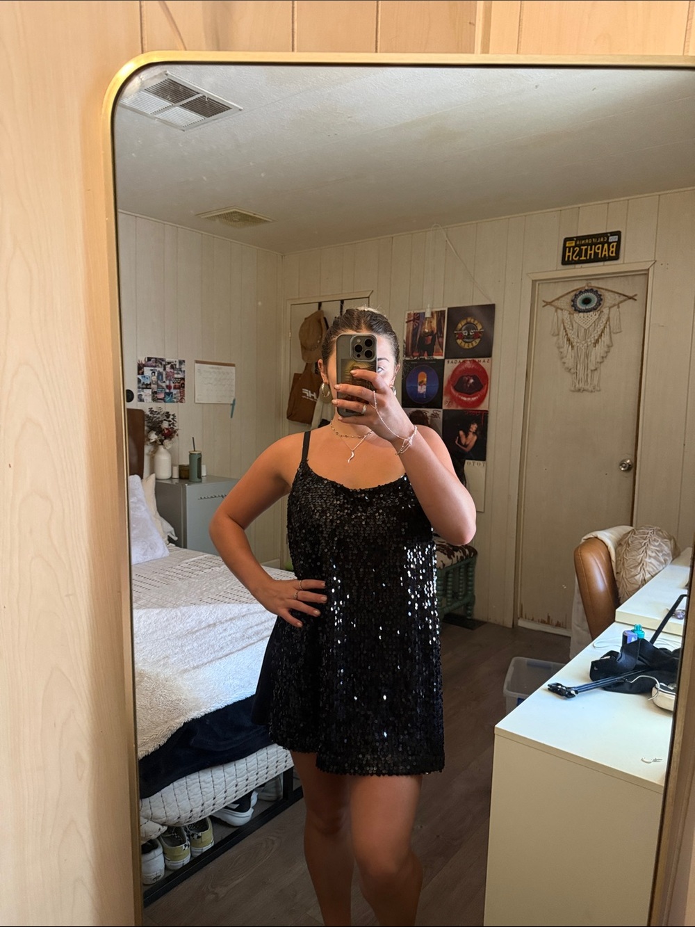 Women's Black Sequin Slip Chemise with Adjustable Straps